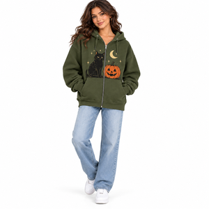 Sweat-shirt polaire oversize à capuche zippé pour femme, motif chat noir, citrouille et lune, vert olive, décontracté, pour Halloween et l'hiver - Product Image 1