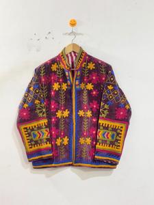 Veste en velours Suzani brodée multicolore verte, style bohème traditionnel, imperméable, col montant, fermeture éclair, printemps - Product Image 3