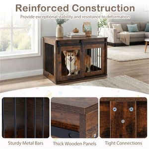 Rustic Brown 31.5\" Wooden <b>Dog</b> Crate Furniture with Sliding Barn Door Indoor Use Kennel End <b>Table</b> for Pets - Product Image 4