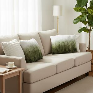 Ensemble de 5 housses de coussin décoratives pour canapé et lit, 3x fausse fourrure ombrée et 2x pompons crème style bohème - Product Image 2
