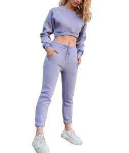 Women Solid Color Cotton Tracksuit Set Crew Neck <b>Crop</b> <b>Top</b> Jogger Pants With Drawstring Side Pockets Casual Spring Wear - Product Image 1