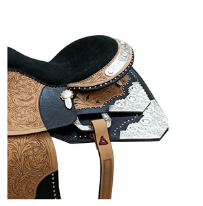 Selle de cheval Western en cuir tanné pour barrel racing, motif floral gravé à la main, motif argenté, assise en daim noir, de 10 à 18 pouces, fabricant indien - Product Image 2