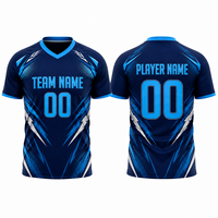 Camiseta de Fútbol Sublimada para Hombre, Transpirable, con Patrón Geométrico Azul, Cuello en V, Poliéster que Absorbe la Humedad, Corte Ajustado, Personalizable con el Logotipo del Equipo