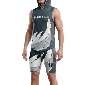 Shorts de football 7v7 imprimés par sublimation, ensemble maillot sans manches à capuche en polyester et élasthanne, kits de sport respirants - Product Image 5