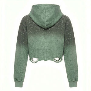 Sudadera con capucha para mujer, estilo crop, con efecto lavado, pedrería y dobladillo desgastado, manga larga, estilo streetwear, top de moda, venta al por mayor en EE. UU. - Product Image 3