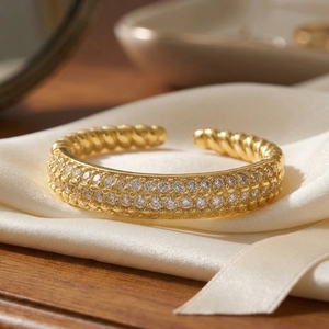 RAAMAA 18K Yellow Gold Adjustable Double Row Pave <b>Open</b> <b>Ring</b> Featuring Cut Lab Grown Diamonds Twisted Rope Band Women's - Product Image 1