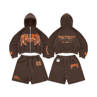 Ensemble de survêtement décontracté pour homme en molleton 100 % coton avec logo personnalisé, effet délavé, comprenant un sweat à capuche zippé et un short – Ensemble 2 pièces