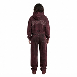 Custom Women Acid Wash <b>Burgundy</b> Cropped Hoodie Wide Leg Jogger Set Cotton Fleece Streetwear Tracksuit OEM Wholesale - Product Image 2