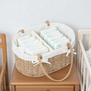 Handwoven <b>Wicker</b> Seagrass Diaper Caddy Organizer Multifunctional Baby Diaper <b>Bag</b> for Nursery with PU Handles from Vietnam - Product Image 3