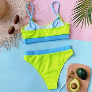 Conjunto de Bikini Acanalado para Mujer, Top Bandeau en Azul Neón y Verde Contraste, Braguita de Cintura Alta, Traje de Baño Elástico de Punto en Spandex y Poliéster - Product Image 5