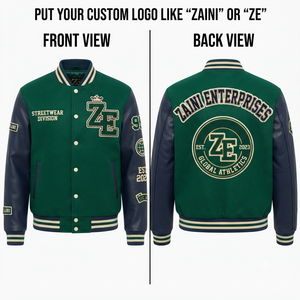 ZAINI 500 GSM Premium Wool Blend Windproof Varsity Jacket Green Navy Contrast Sleeves Custom Chenille Embroidery Logo <b>Applique</b> - Product Image 1