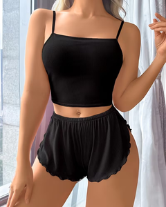 Women Knitted Lounge Set Sleeveless Cami Shorts Two Piece Solid Color Summer Sleepwear Soft Elastic Waist High Rise - Product Image 2
