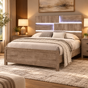 Cama Moderna con Plataforma Color Crema, con Marco de Cama con LED Integrado y Base de Madera Sintética para Dormitorio Contemporáneo - Product Image 1