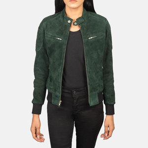 Bliss Custom Logo Branding Genuine Suede <b>Leather</b> Bomber <b>Jacket</b> for Women's Green Ribbed Green Suede Warm Winter <b>Leather</b> <b>Jackets</b> - Product Image 1