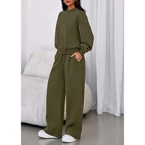 Ensemble sweat à capuche et pantalon de survêtement droit pour femme, tenue décontractée chaude d'hiver, couleur unie - Product Image 3
