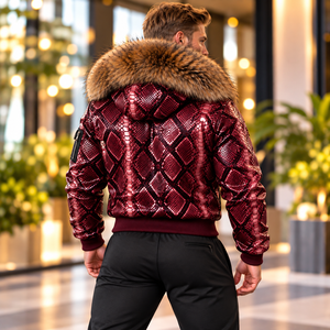 Men's Exotic Python Skin Hooded Bomber <b>Coat</b> with Fur Trim Premium Designer Outerwear | Herren Lederjacke | Chaqueta Hombre Cuero - Product Image 6