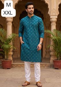 Ensemble prêt-à-porter de vêtements traditionnels et ethniques pour hommes, comprenant un kurta en coton avec des détails en miroir et un pyjama. - Product Image 2