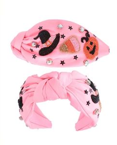 Serre-tête rose d'Halloween avec chapeau de sorcière, bonbons, maïs, citrouille, broderie perlée et strass – Style doux - Product Image 1