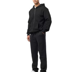 Survêtement à capuche zippé noir pour homme avec poches latérales, coupe décontractée, couleur unie, 100 % coton, poids moyen, idéal pour l'automne - Product Image 1
