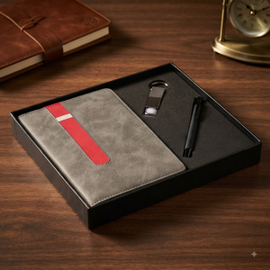 Aurelux Grey Corporate Premium <b>Notebook</b> Gift <b>Set</b> Red Striped case Bound Journal Metal Keychain Black Ball Pen Professional - Product Image 4