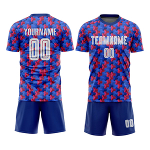 Conjunto de Uniforme de Fútbol Sublimado Geométrico Azul y Rojo Personalizado, Uniforme de Fútbol de Manga Corta de Secado Rápido Unisex para Adultos - Product Image 1