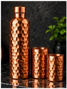Traditional Copper Water Bottle and <b>2</b> <b>Cups</b> Set 3 Piece Carved Leaf Pattern Portable <b>Flask</b> with Lid - Product Image 5