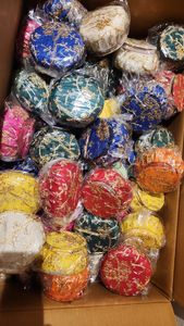 Handcrafted Velvet Jewelry <b>Boxes</b> with Golden Zari <b>Floral</b> Embroidery Traditional Indian Round Shagun Pouches - Product Image 3