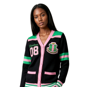 AKA 1908 Cardigan long femme noir et rose d'hiver, anti-rides, en tricot boutonné, avec broderie chenille, pour tenue de sororité grecque - Product Image 3