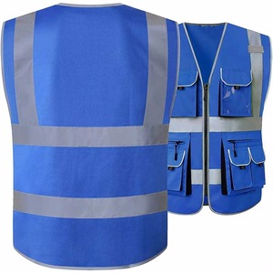 Gilet de travail réfléchissant bleu pour hommes, fermeture éclair, plusieurs poches, gilet de sécurité respirant en polyester, vêtements d'extérieur décontractés pour le printemps - Product Image 3