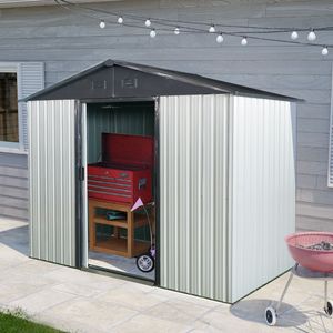 Casetta da Giardino in Metallo Bianca e Nera 2,4 x 1,2 m con Porta Scorrevole e Base per Deposito in Cortile, Patio e Giardino - Product Image 1