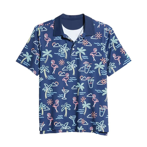 Polo de Manga Corta Azul Marino para Hombre con Estampado de Palmeras y Flamencos, Diseño Casual Transpirable de Poliéster Tejido - Product Image 1