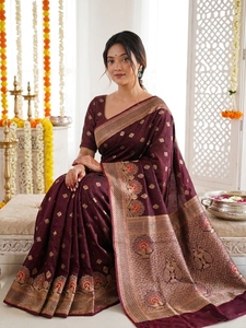 AARA Fashion Saree traditionnel en soie pour femme, broderie or bordeaux, longueur ras du sol, tenue de mariage, style Inde Pakistan, protection solaire - Product Image 5