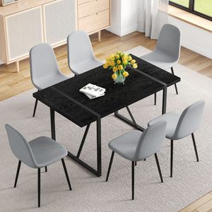 55-Inch Minimalist <b>Retro</b> Rectangular <b>Dining</b> <b>Table</b> with Black Textured Top Paired with 6 Light Gray Linen-<b>Table</b> and Chair Set - Product Image 3