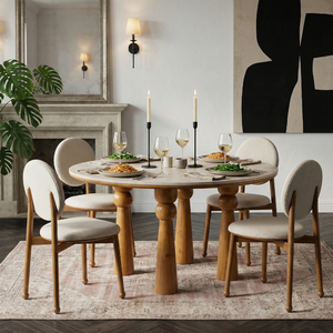 Midcentury Modern Wood <b>Round</b> <b>Dining</b> <b>Table</b> Set with <b>4</b> <b>Chairs</b> Solid Back Design <b>for</b> Home <b>Dining</b> Room Furniture - Product Image 2