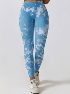 Women's Active Wear <b>Blue</b> Cloud Print Yoga Set High Waist Leggings <b>Crop</b> <b>Top</b> 2 Piece Workout Outfit Sweat Wicking Full Length - Product Image 3