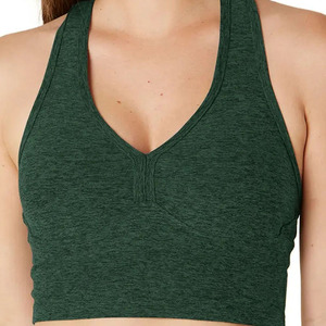 Soutien-gorge de sport vert à col en V et dos nageur pour femme, maintien moyen, sans coutures, respirant, séchage rapide, couleur unie, pour yoga et fitness - Product Image 3
