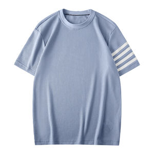 Camiseta con Logotipo Bordado para Hombre, Manga Corta con Diseño de Rayas, Tejido Waffle, Estilo Holgado y Resistente, con Diseño en Blanco - Product Image 5