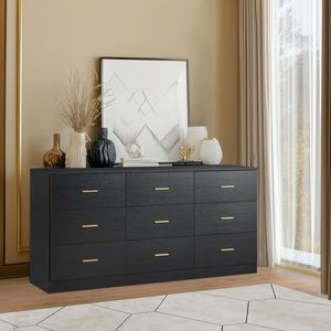 Commode moderne à 9 tiroirs pour chambre à coucher Commode large noire avec grand rangement Robuste et sûre - Product Image 2