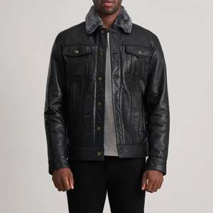 Men's Genuine Leather Moto Jacket Turn-down Collar Button Closure Faux <b>Fur</b> Lining Windproof Slim Fit Winter Wear Solid Color - Product Image 6