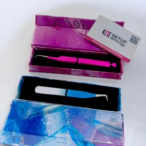 Pince à cils GETUP BROSONS IMPEX en acier inoxydable, anti-magnétique, à double couleur, revêtement poudré rose, avec embout à 45/90 degrés pour une préhension parfaite - Product Image 4