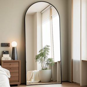 Modern <b>Arched</b> Full Length Floor <b>Mirror</b> with Stand Aluminum Frame <b>Black</b> Finish for Bedroom Decor - Product Image 1