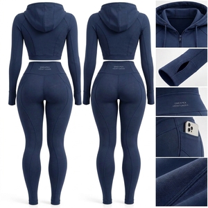 Conjunto de yoga para mujer, color azul marino, con sudadera con cremallera, top corto de manga larga, leggings de cintura alta, ropa deportiva para gimnasio, fitness y entrenamiento, conjunto de dos piezas. - Product Image 2
