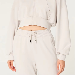 Sweat-shirt à capuche court en coton beige pour femme, style streetwear décontracté, fermeture éclair, OEM ODM - Product Image 3