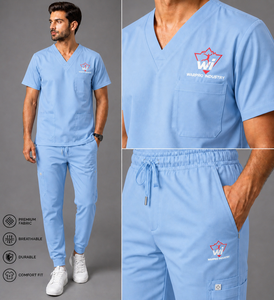 Ensemble de blouses médicales bleu clair pour hommes, col en V, tissu tissé en coton et polyester, uniformes d'hôpital - Product Image 5