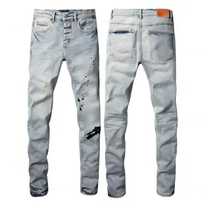 Pantalon en jean stretch slim pour homme avec style motard déchiré - Product Image 1