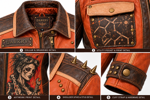 Chaqueta de cuero genuino naranja marrón para mujer, estilo motero, con estampado personalizado 'Mechanic Girl', bolsillos con solapa y detalles de púas, proveedor OEM - Product Image 6
