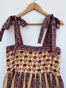 Women Beige Striped Floral Cotton Maxi Dress Tie Shoulder Tiered <b>Summer</b> Wholesale - Product Image 2