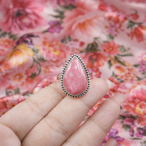 Natural Rhodonite Gemstone 925 Sterling Silver <b>Ring</b> Teardrop Handmade Beaded Frame Rose Gold Yellow Gold Plated Jewelry for Men - Product Image 6