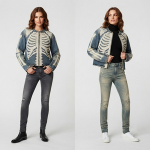 Custom Streetwear Vintage <b>Wash</b> Denim Jacket Full Bone Print Graphic Zip Up Casual Outerwear jacket For Unisex Comfort Wear - Product Image 3