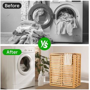 Bamboo <b>Foldable</b> Laundry Hamper with 2 Section Removable Liner Bag Space-Saving 2-Section Sorter <b>Basket</b> - Product Image 6